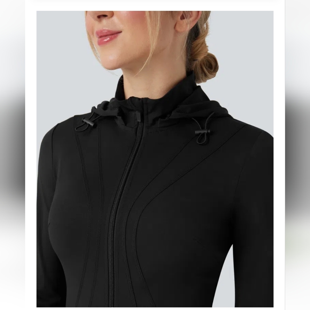 Halara NEW Removable Hood Thumb Holes Ruffle Hem Slim Hiking Jacket XS - Picture 5 of 8
